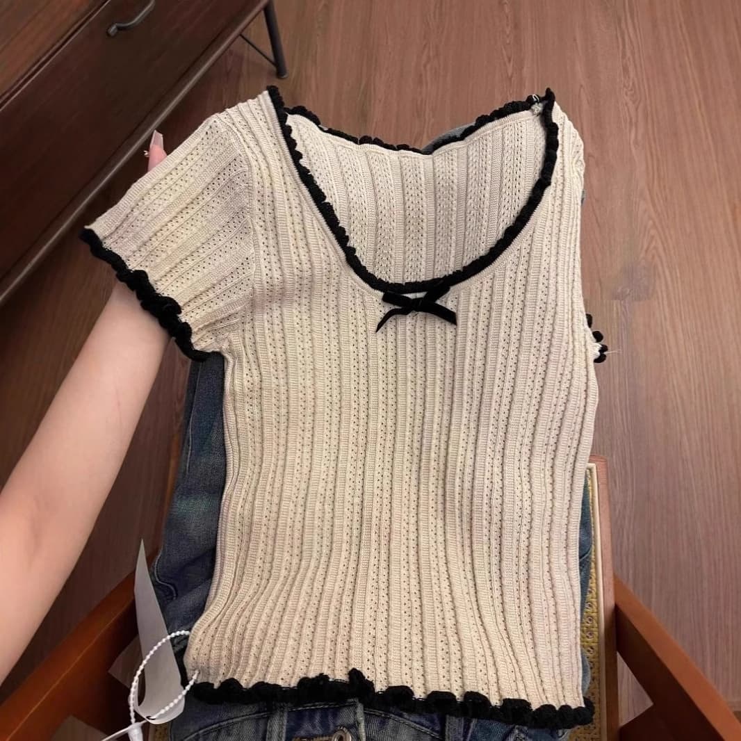 American Style Shoulder Contrast Lace Bow Ice Silk Knitted Short-sleeved T-shirt Women's Summer Tight Spice Girl Short Top