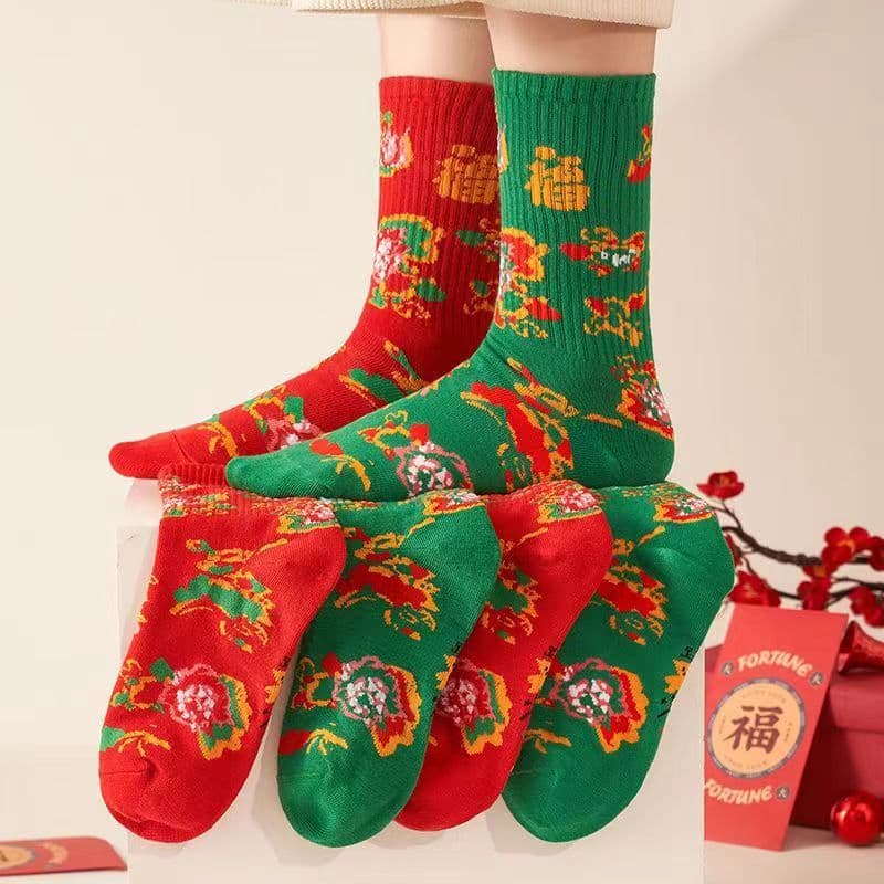 Red Chinese Style Warm Cotton Socks Couple Chinese Style Socks Zodiac Year Exquisite Large Floral Socks