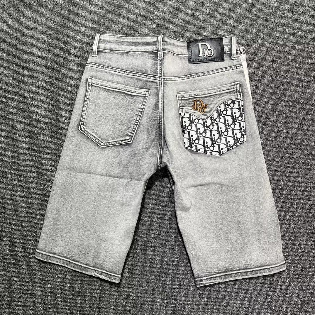 Men's Summer Light Gray Embroidered Denim Shorts, Slim Fit Stretch Five-Point Pants, Youth Casual Mid-Length Pants