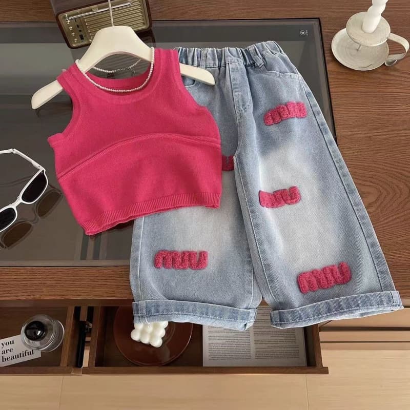 Girls Summer Set 2025 New Korean Style Knit Baby Vest and Jeans Two-Piece Children's Top and Pants