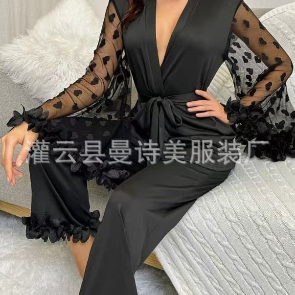 Cross-Border Women's Casual Suit Satin Sexy Lace Heart Bell Sleeve Suit Pajamas Pants for Home Wear