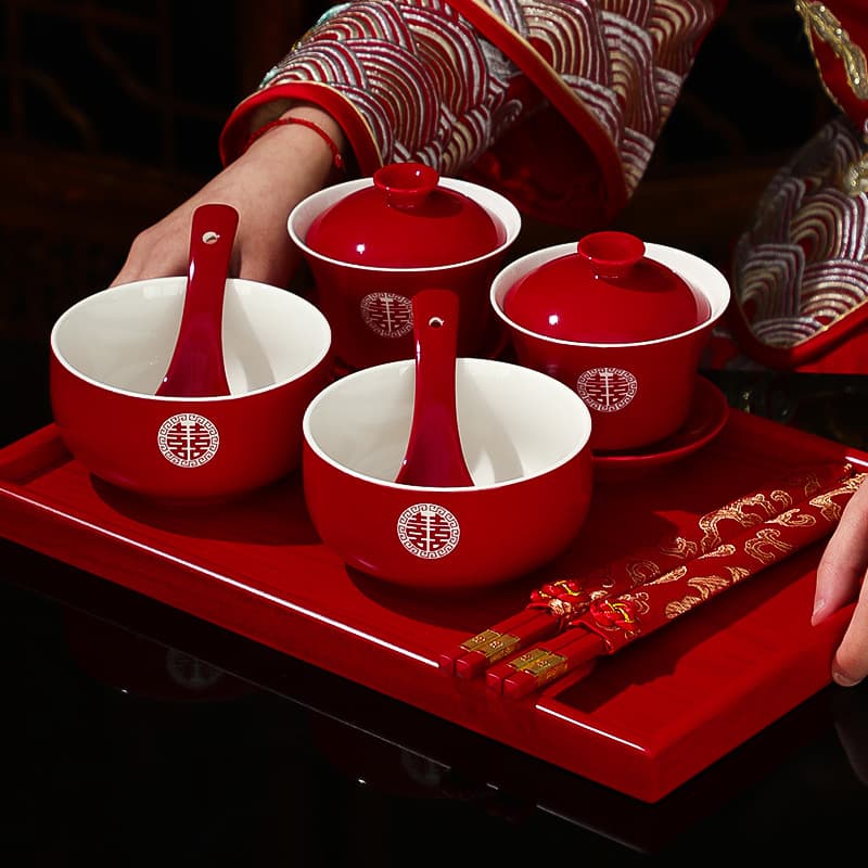 Pair of lidded toasting cups with red happiness bowls, dowry tea set for wedding toasts.