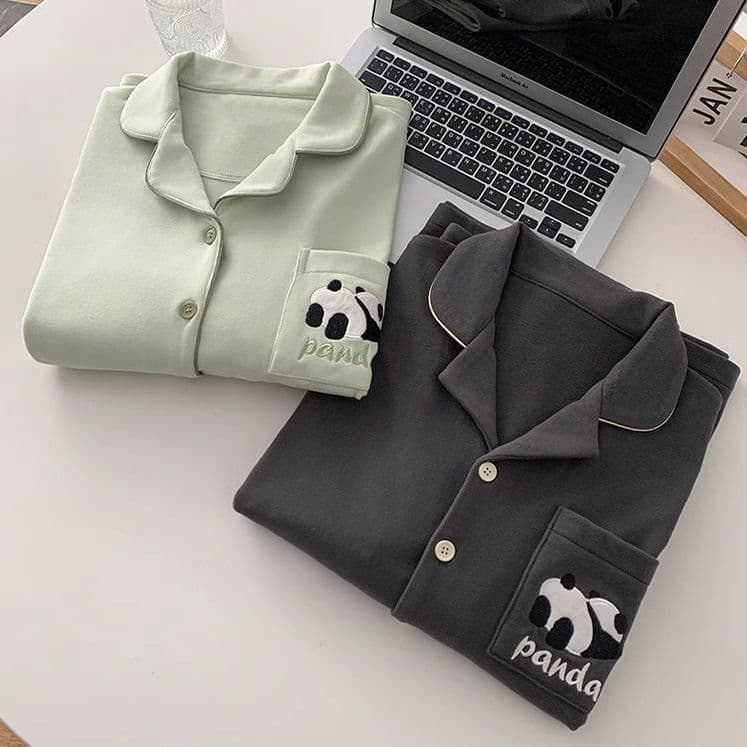 Women's Pajamas Autumn Winter Dralon Cute Panda Thermal Lined Solid Color Long Sleeve Long Pants Couple Homewear Set