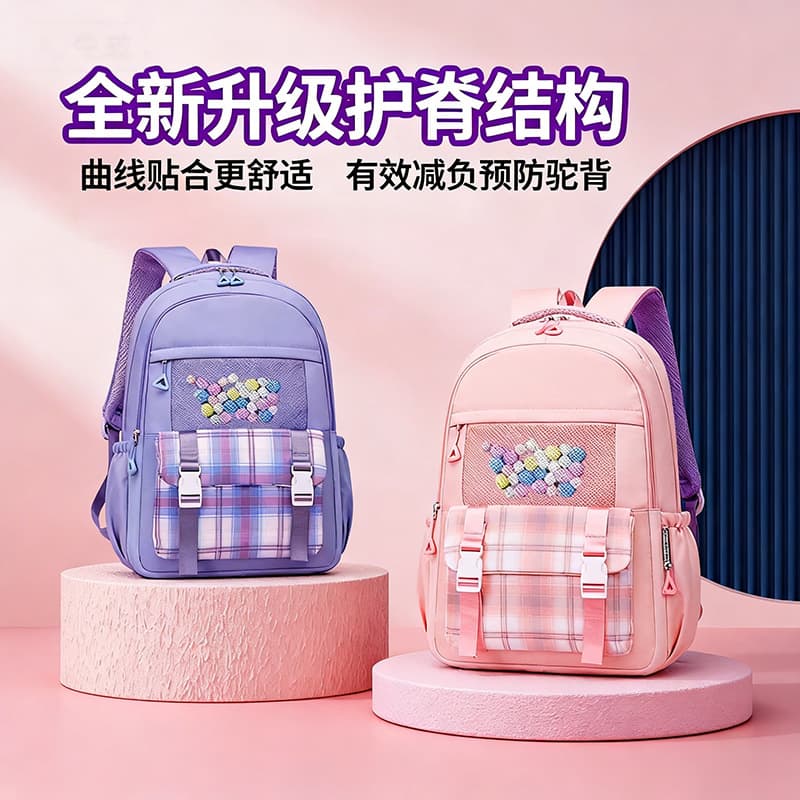 Wholesale Fashion School Backpack for Girls, Large Capacity Korean Style Plaid, Lightweight Spine-Protecting Backpack for Grades 1-6