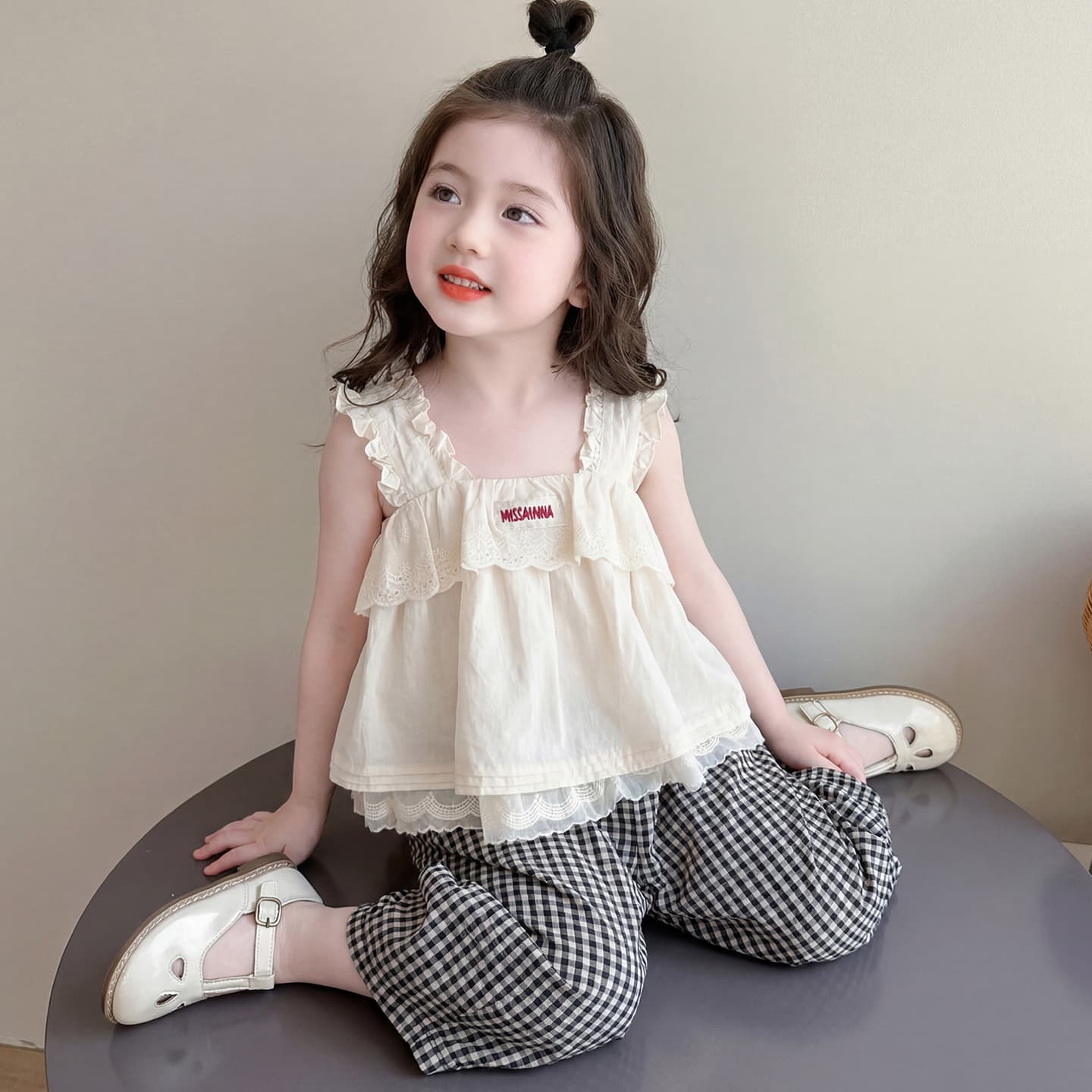 Korean Girls Lace Suspender Plaid Pants Suit 2026 Summer New Campus Two-piece Set Western Style Internet Celebrity Children's Clothing