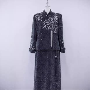 Black Embroidered Bamboo Leaf Chinese Traditional Wedding Groom Suit for Engagement and Wedding Ceremony