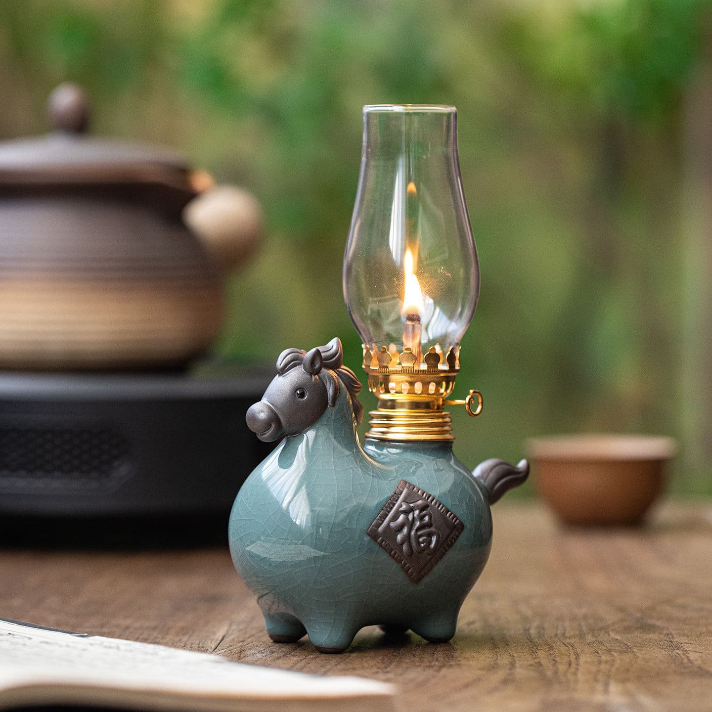 Chinese style ceramic Tang horse butter lamp holder ornament, eternal flame Zen tea room courtyard ambiance light, premium kerosene lamp