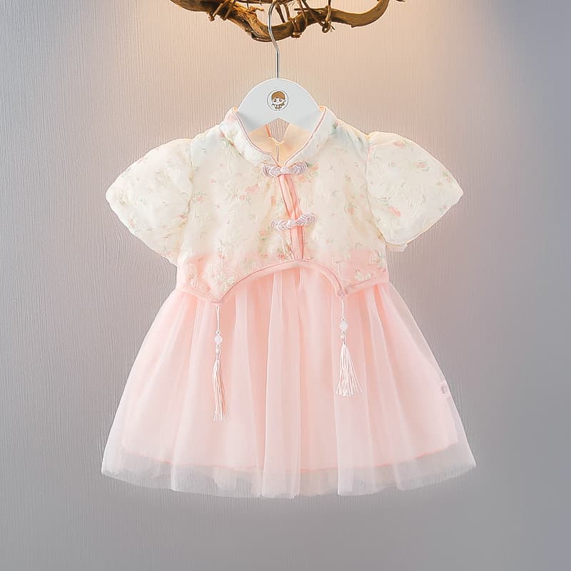Girls' Short Sleeve Hanfu Dress Summer Outfit 1-2-3 Years Old Baby Gauze Dress, Summer Girl's Birthday Party Dress