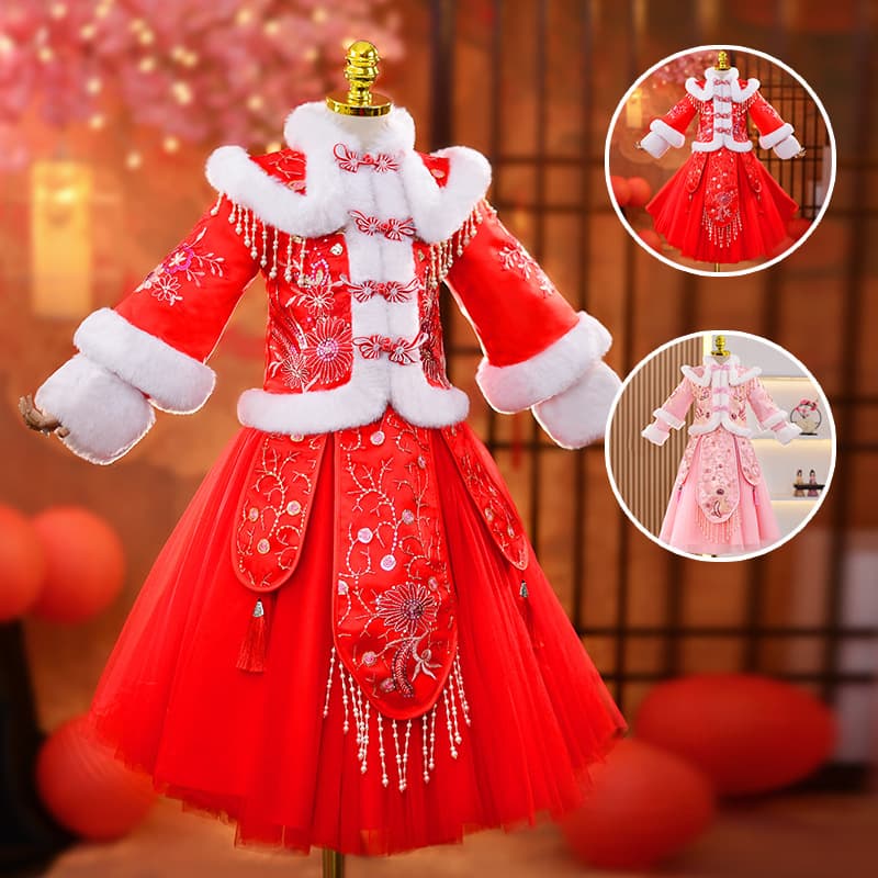 Girls Hanfu Ancient Costume Winter Cotton-Padded Tang Suit Chinese New Year Outfit Children's Cheongsam Thick Set Dress Extra Warm