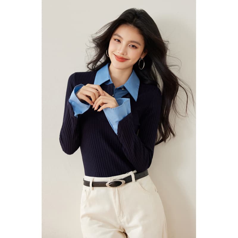 2025 Autumn New Design Flared Sleeve Fake Two-Piece Slim Fit Polo Collar Knit Top Women