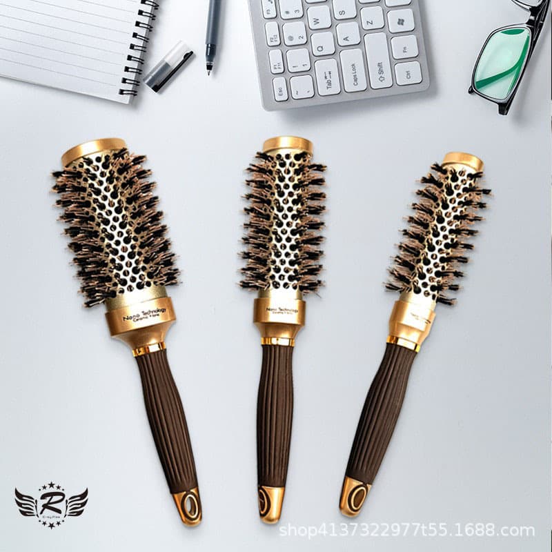 Round Barrel Curling Roller Brush Gold Bristle Comb Aluminum Tube Hair Styling Comb Tool