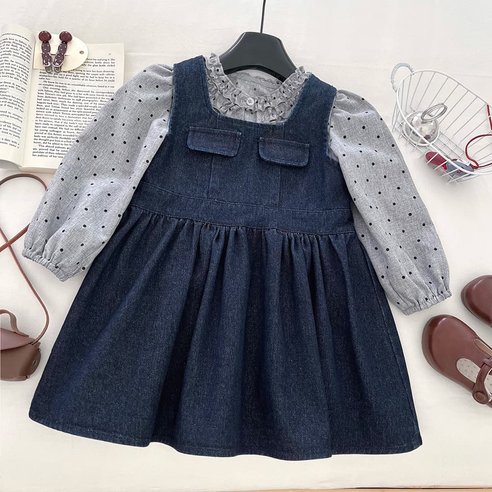Children's polka-dot round neck shirt suit skirt autumn 2026 new Korean version of the trendy denim vest skirt two-piece set