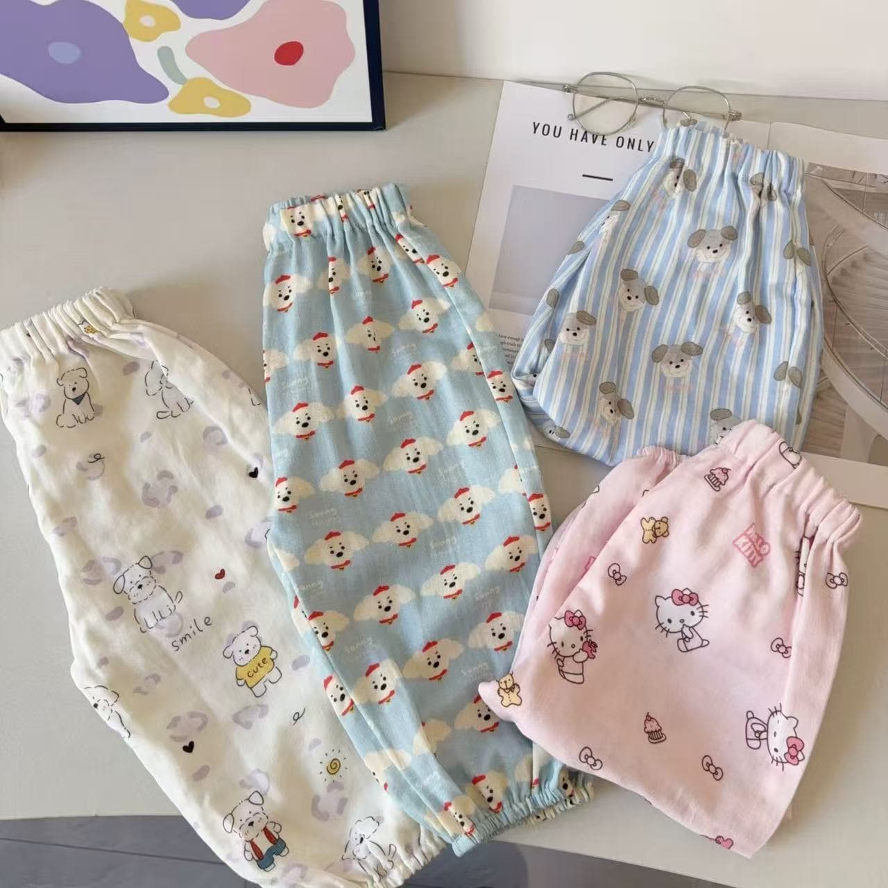 Children's summer pure cotton thin cotton gauze anti-mosquito pants cute cartoon soft leggings pants for men and women baby long pants trendy