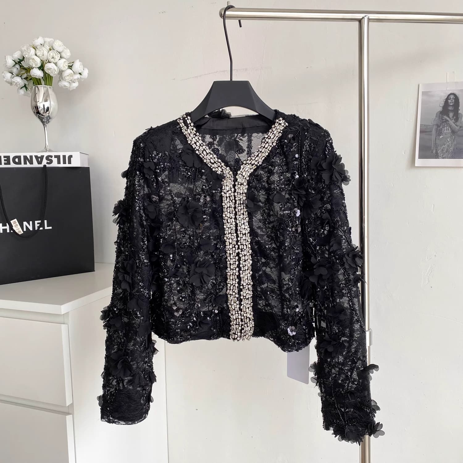 Light Luxury Socialite Heavy-Duty Diamond-Encrusted V Neck Long-Sleeved Stereo Flower Sequin Sparkling Jacket Women's Autumn Style Short Top