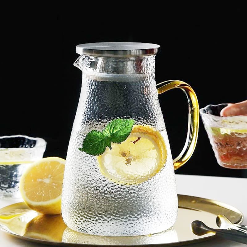 Stainless Steel Lid Cold Water Pitcher for Home Refrigerator, Cold Drink Pitcher, Hammered Glass Snow Dot Large Capacity Cold Beverage Pitcher