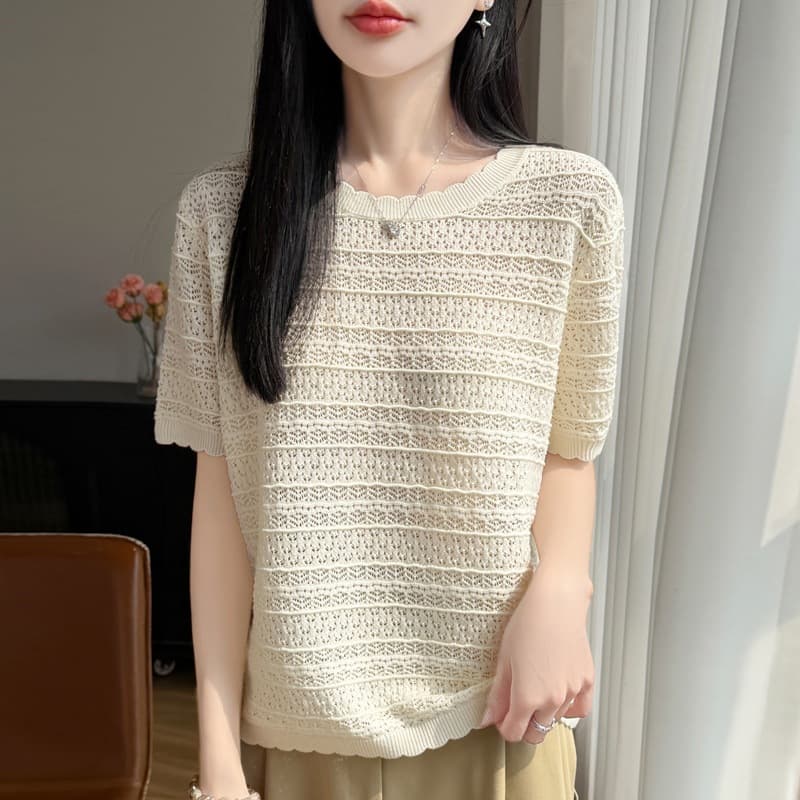 Hollow-out short-sleeve knit women's loose plus size T-shirt summer women 2026 summer new crew neck women's thin top