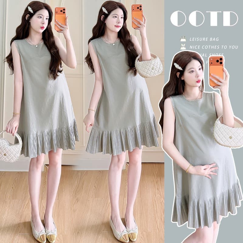 2026 Summer Maternity Dress Mid-Length Sleeveless Patchwork Pleated Skirt Fashionable Maternity Vest Dress