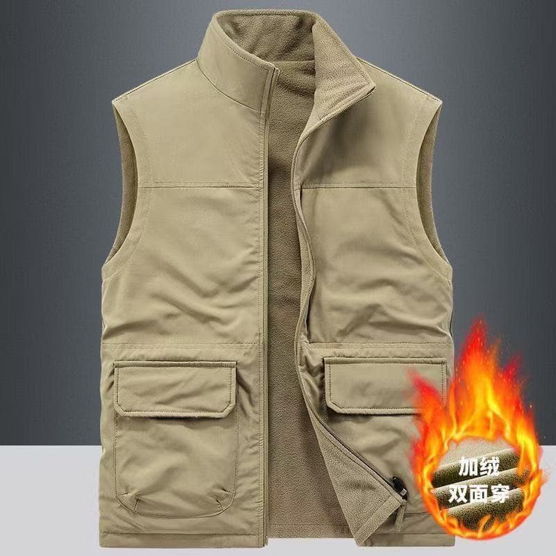 Reversible vest for men, autumn and winter, fleece-lined, warm, loose fit, plus size, solid color, workwear style.