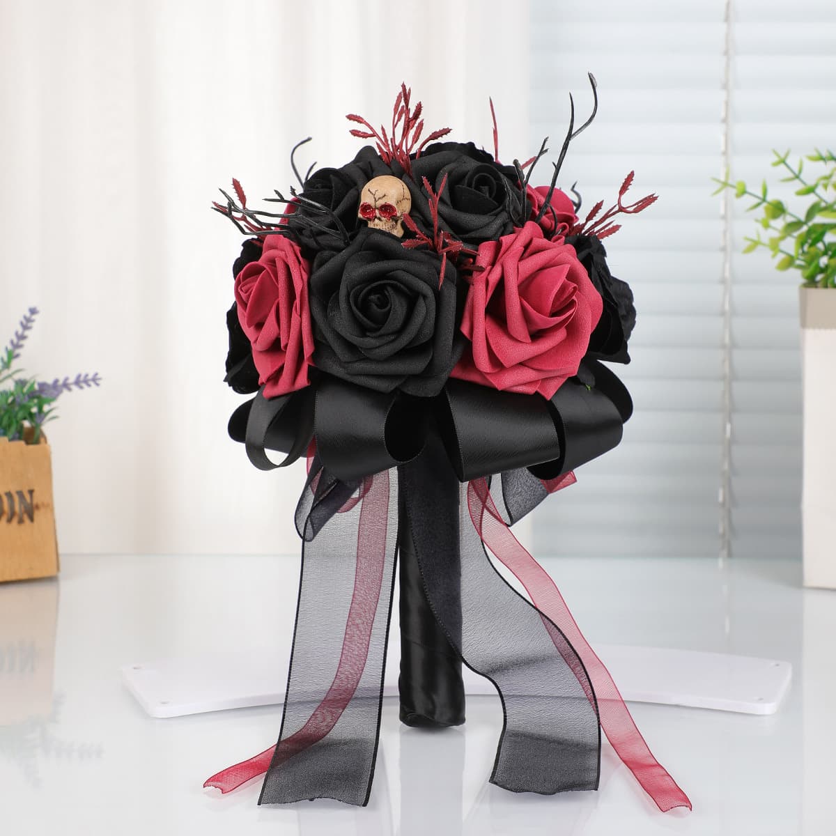 Halloween Bride Holding a Bouquet of Black and Red Roses and Skulls, Dark Gothic Style Wedding Photography Props