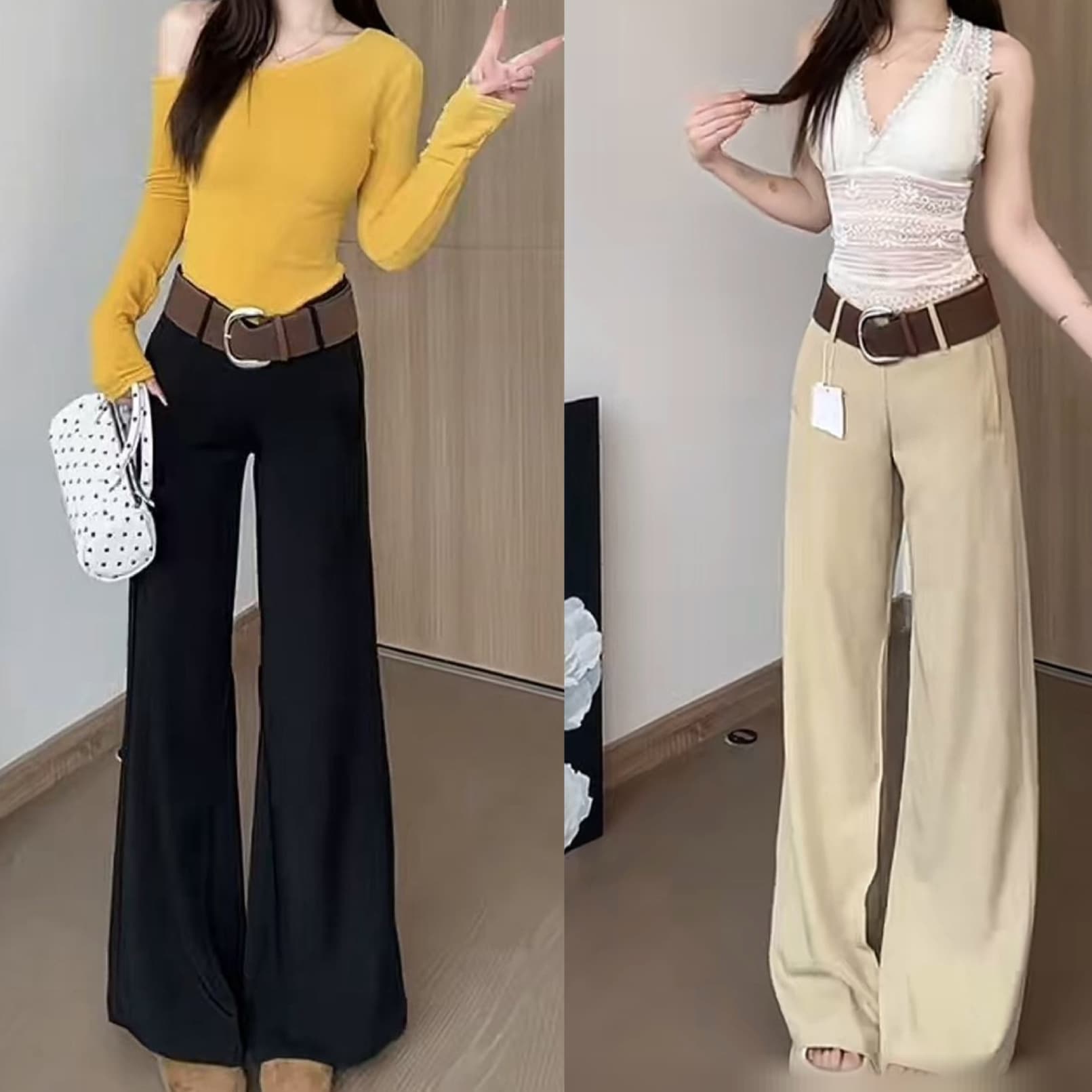 Black Mid-Waist 2025 Casual Pants for Women, Spring Summer Khaki Long Pants, Loose Wide-Leg Pants, Floor-Length Flare Pants, Gray