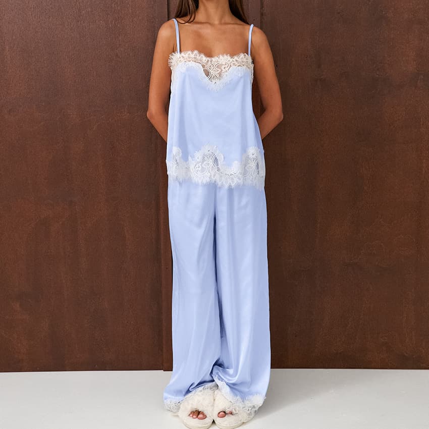 European American Style Cross-border Sleepwear Satin Lace Trim Camisole Long Pants Loose Two-Piece Set Women's Loungewear Wholesale Available