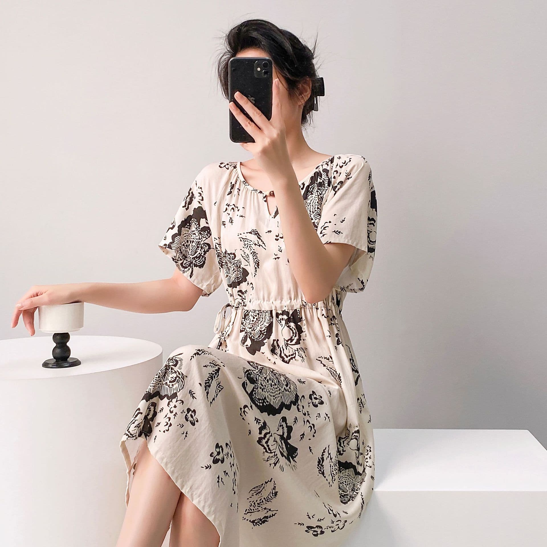 Cotton Silk Sleep Dress for Women, Short Sleeve, Thin, A-Line, Waist-Slimming, Wearable Outside, Midi Length, Pastoral Style Loungewear