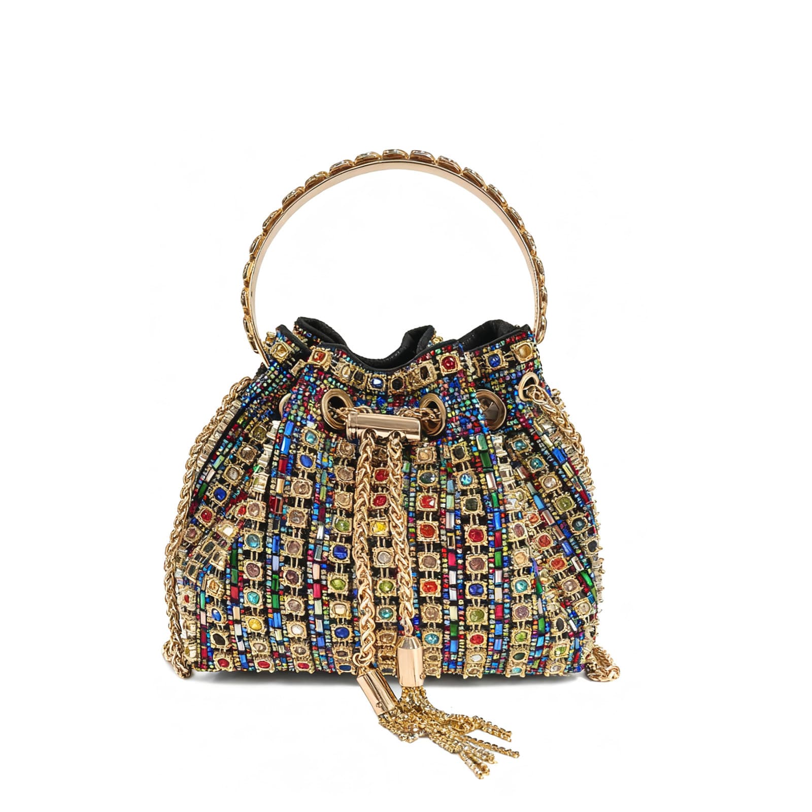 2025 New Women's Starlight Glass Crystal Party Gift Rhinestone Fringe Bucket Bag