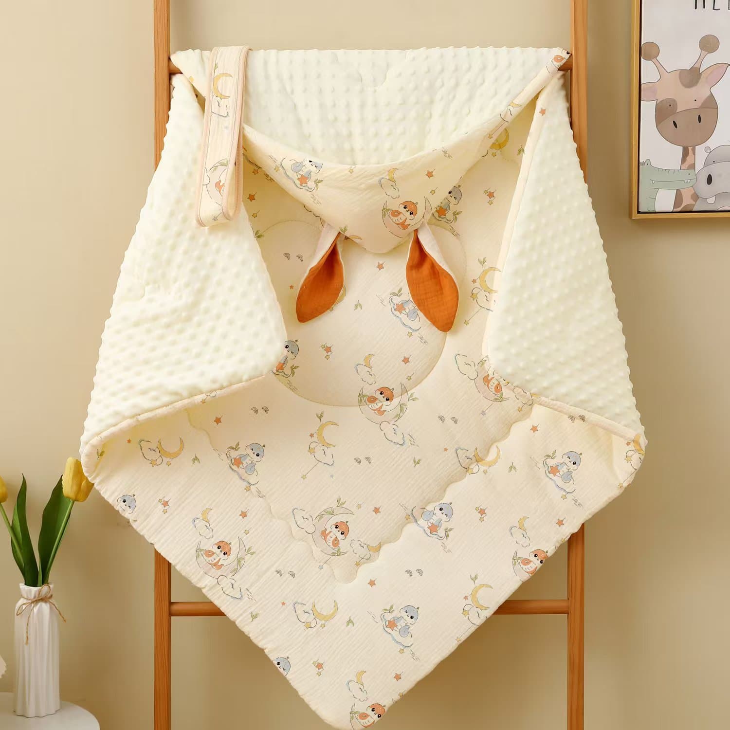 Snake Baby Spring and Autumn Style Pure Cotton Crepe Fabric Long Ear Baby Swaddle Blanket Thickened with Bean Sprout Fleece Comforting Blanket for Newborns in the Delivery Room