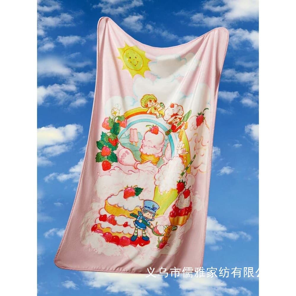 Cartoon Character & Strawberry Cake Print Pink Flannel Blanket Living Room Bedroom Sofa Office