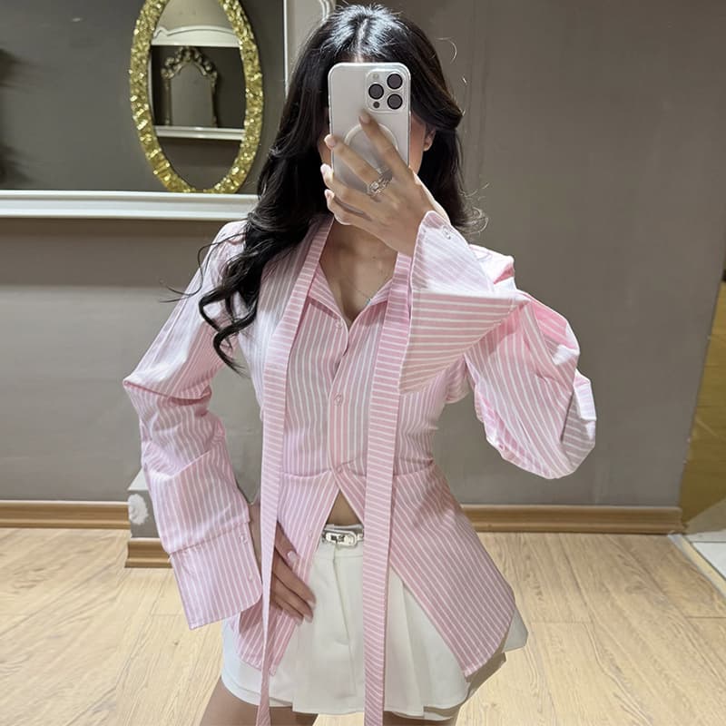 European and American Cross-Border Women's Fashion 2026 Spring New Trendy Striped Slim Fit Turn-Collar Long-Sleeve Shirt
