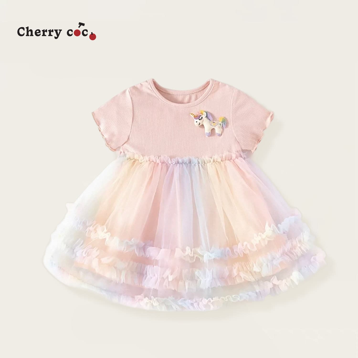 CHERRYCOCO girls dress new baby girl sweet rainbow mesh skirt children's short-sleeved princess skirt