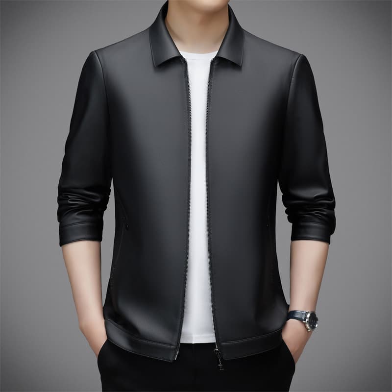 Haining brand men's leather jacket, middle-aged fleece-lined genuine leather jacket with sheepskin lapel, high-end soft leather coat