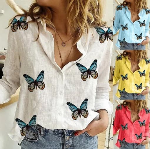 2020 New Arrival on Amazon, Wish, and AliExpress: Elegant and Slimming Cotton Women's Shirt with Irregular Butterfly Print