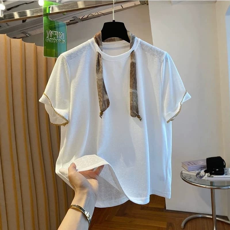 Snowflake Cotton Summer Plus Size 100kg High-End Silk Scarf Decorated Short-Sleeved T-Shirt for Women, Loose and Thin Fashionable Top