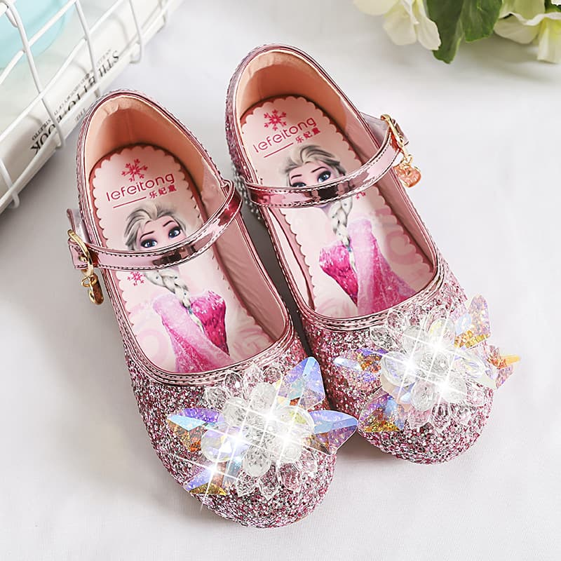 Girls' Princess Leather Shoes Spring/Autumn New, Children's Crystal Shoes, Fashionable Elsa High Heel Flats for Little Girls