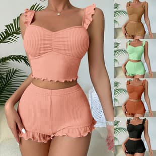 Sexy Camisole Pajamas for Women Ribbed Trim Camisole Shorts European and American Style Cross-Border Women's Sleepwear Loungewear