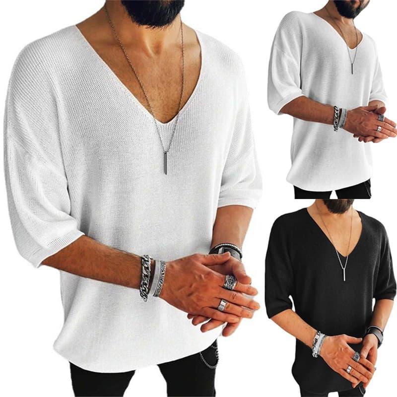 Spring, Summer, and Autumn New Men's Clothing, Summer and Autumn Short-Sleeved Tops, Fashionable and Casual V-Neck Knitwear, Men's T-Shirts