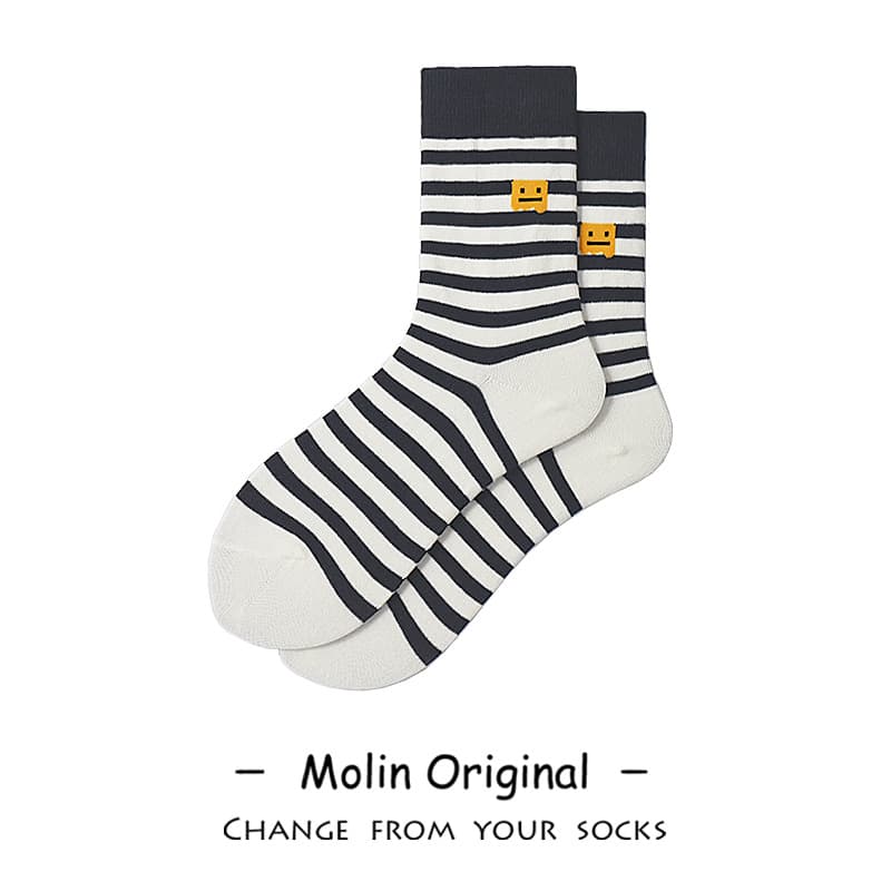 Moxuan Original Trendy Socks Japanese Retro Contrast Stripe Nautical Patch Smiley Face Versatile Unisex Mid-Calf Socks