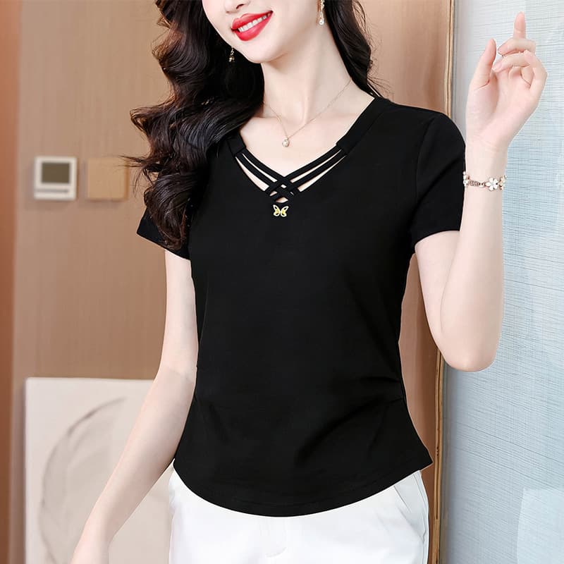 Elegant V-Neck Short Sleeve Top for Women, Black Cross Design Plus Size Women's Clothing, New Summer 2026 Trend