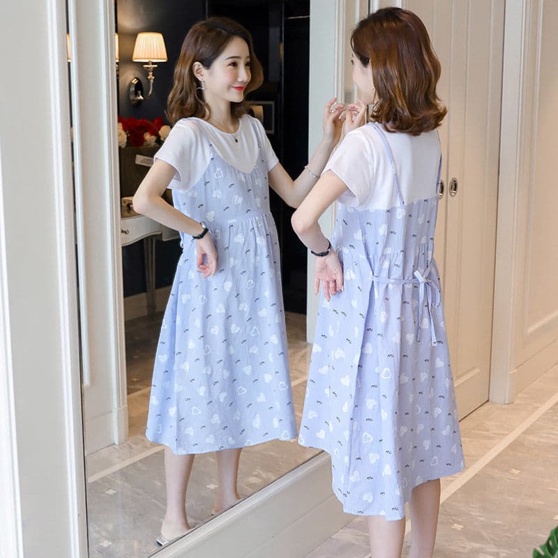 Fashionable Maternity Dress Summer Korean Style Plus Size Loose-Fit Two-Piece Illusion Pregnancy Dress For Expecting Women