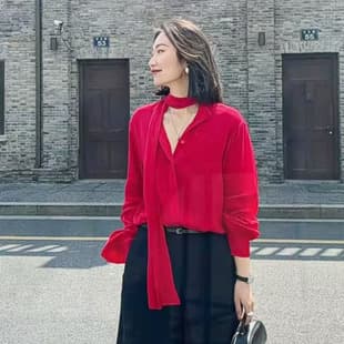 Xiaomeiniang French Vintage 25 Top New Thin Red Chiffon Blouse Long Sleeve Loose Shirt