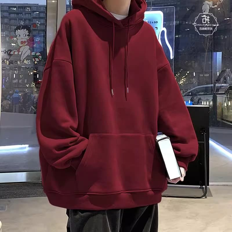 American Casual Basic Solid Color Hoodie Men Autumn Winter Streetwear Fleece Loose Wine Red Top Jacket