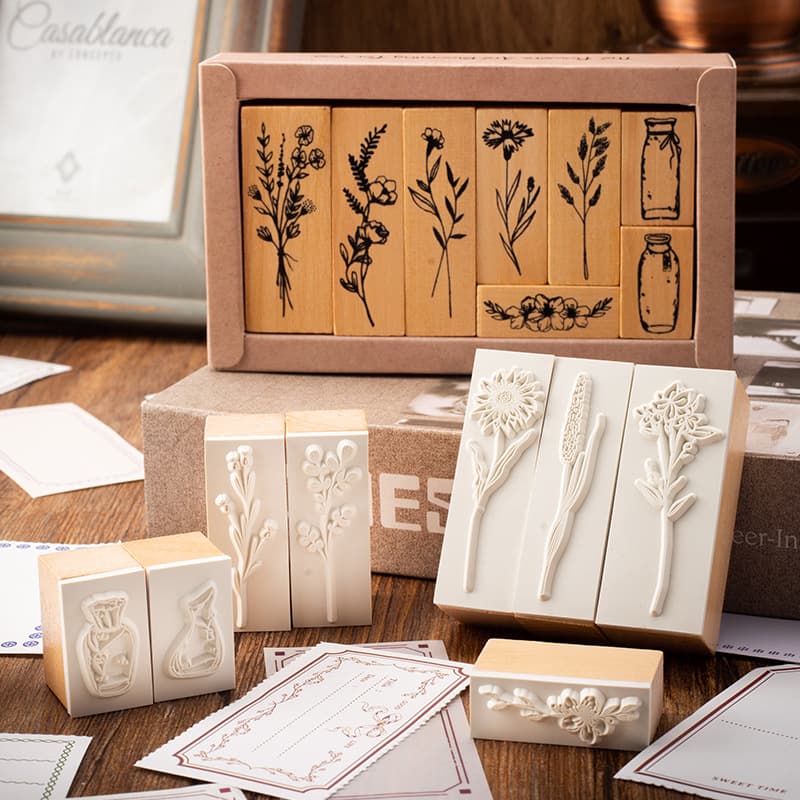 Vintage boxwood combination set stamps plant vase journal DIY album diary decoration seals 2 styles to choose