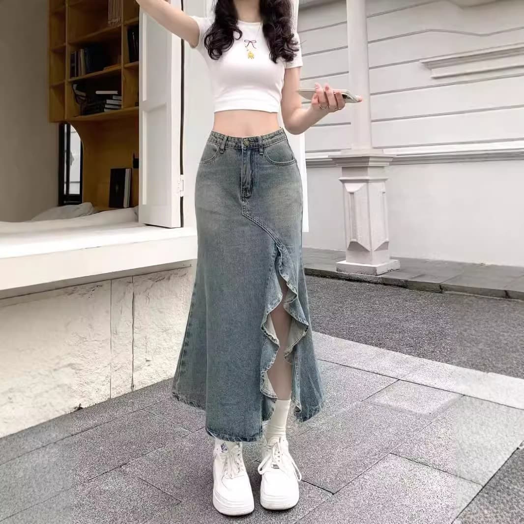 Vintage Mid-Length Denim Skirt for Women Spring/Summer Design Irregular Wave Split High-Waist Fishtail Skirt