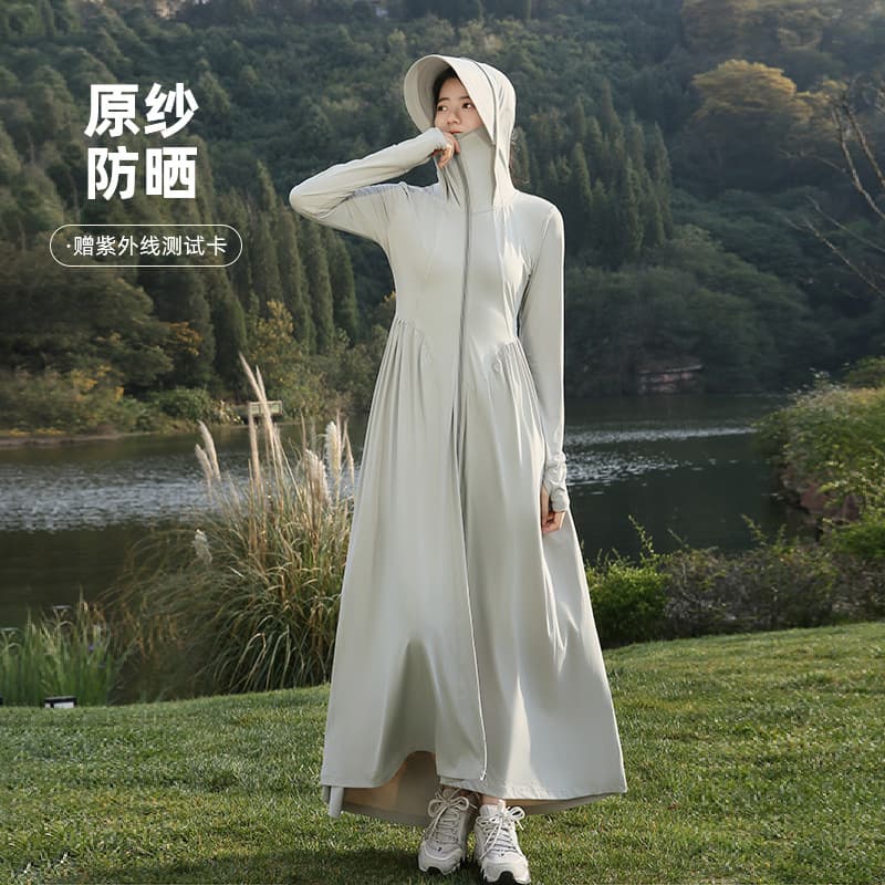 Women's Summer New Long Waist-Cinching Ice Silk Sun Protection Dress, Slimming Full-Body UV-Proof Lightweight Hooded Sunscreen Coat