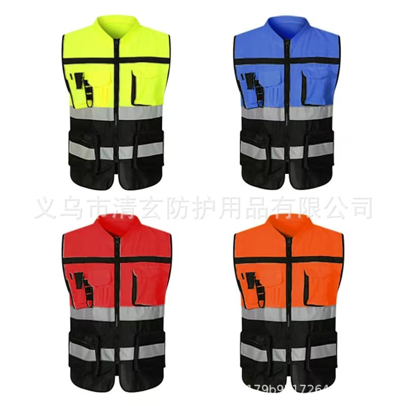 Two-tone High-Visibility Reflective Stand Collar Cycling Vest Reflective Vest Safety Vest for Sanitation Workers Leader Style