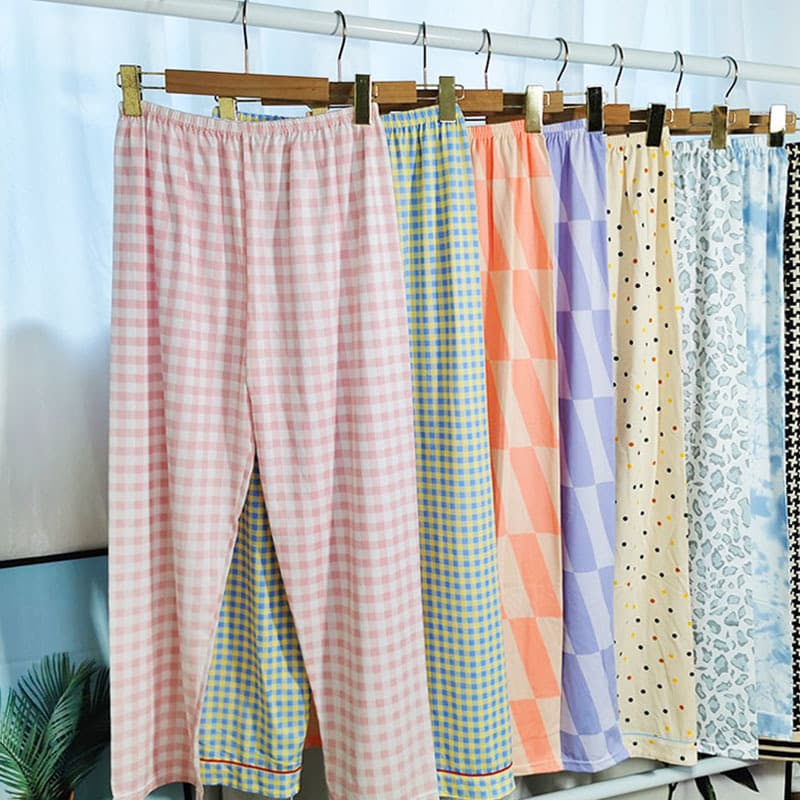 Autumn Imitation Cotton Sleep Pants for Women, Long Pants, Thin Japanese-Style Plaid Home Pants for Spring, Autumn, and Summer, Loose Casual Home Pants