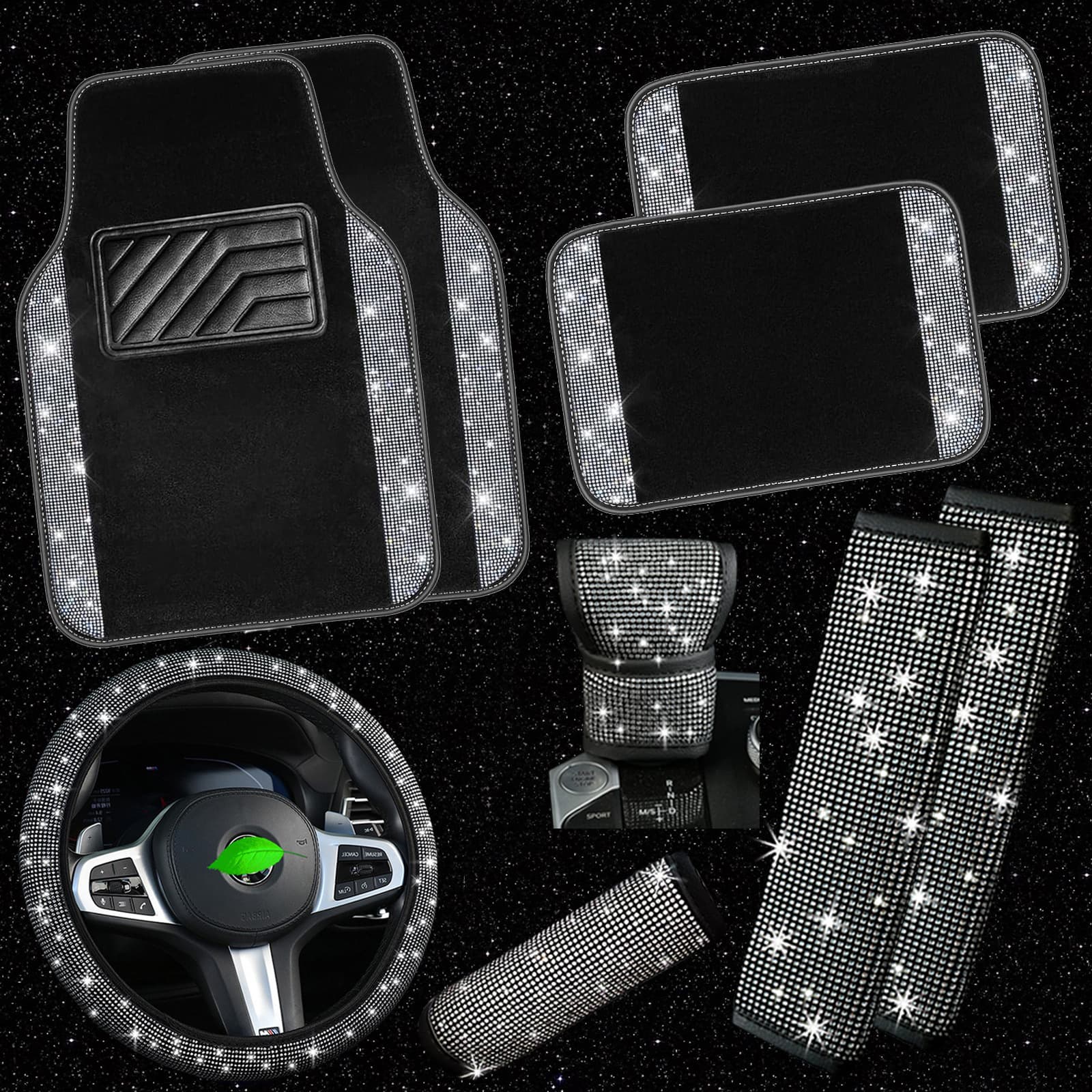 Cross-Border Car Steering Wheel Cover, Diamond-Encrusted Floor Mats, Four-Piece Carpet Set, Stain-Resistant Floor Mats, Amazon Temu Floor Mats Wholesale