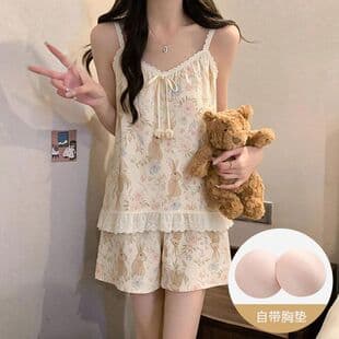 2026 Summer Cloud Cotton Sleepwear Set with Padded Bra for Women, Sweet Lace Camisole and Shorts, Princess Style Loungewear Set