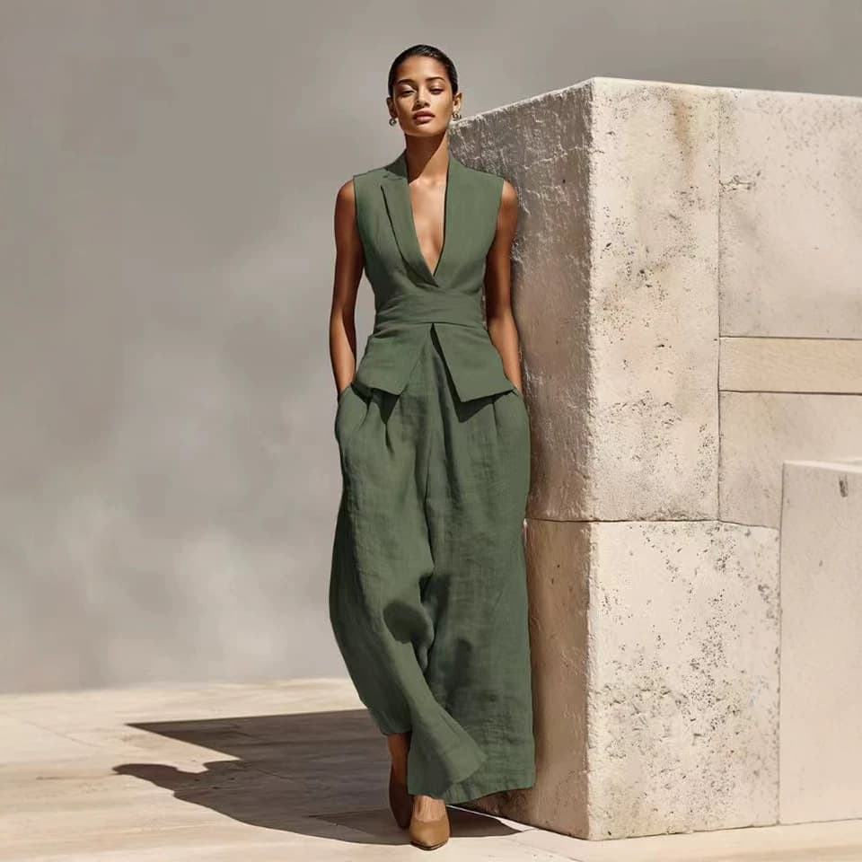 Amazon 2026 Europe and America Cross-Border Summer New V-Neck Sleeveless Vest Top with Wide-Leg Long Pants Women's Two-Piece Set